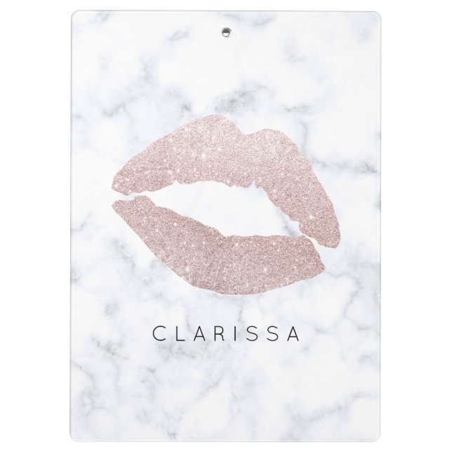 elegant girly rose gold glitter lips white marble clipboard (Back)