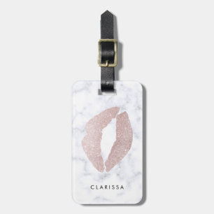 elegant girly rose gold glitter lips white marble luggage tag