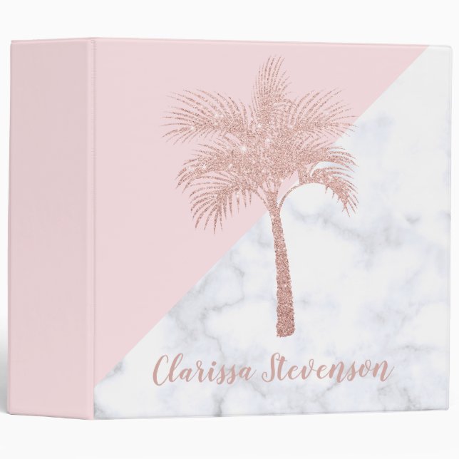 Elegant girly rose gold glitter palm white marble binder (Front/Spine)