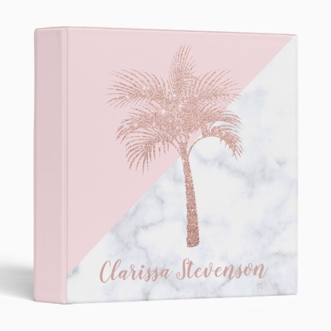 Elegant girly rose gold glitter palm white marble binder (Front/Spine)