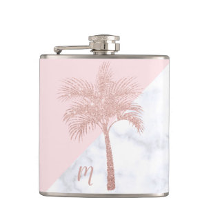 Elegant girly rose gold glitter palm white marble hip flask