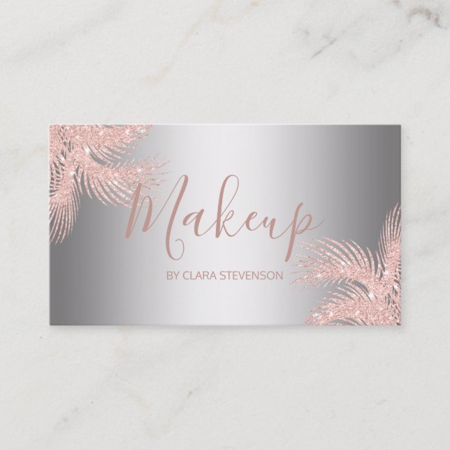 Elegant girly rose gold glitter silver palm makeup business card (Front)