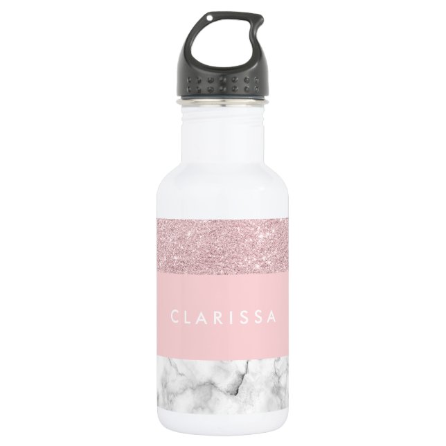 Elegant girly rose gold glitter & white marble 532 ml water bottle (Front)