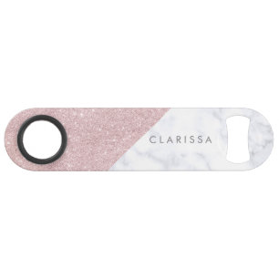 Elegant girly rose gold glitter white marble bar key