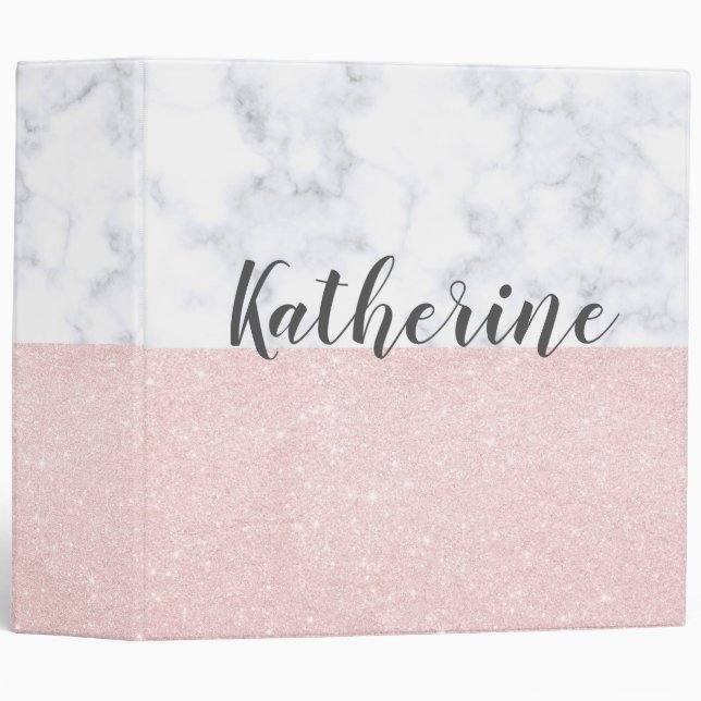 Elegant girly rose gold glitter & white marble binder (Front/Spine)