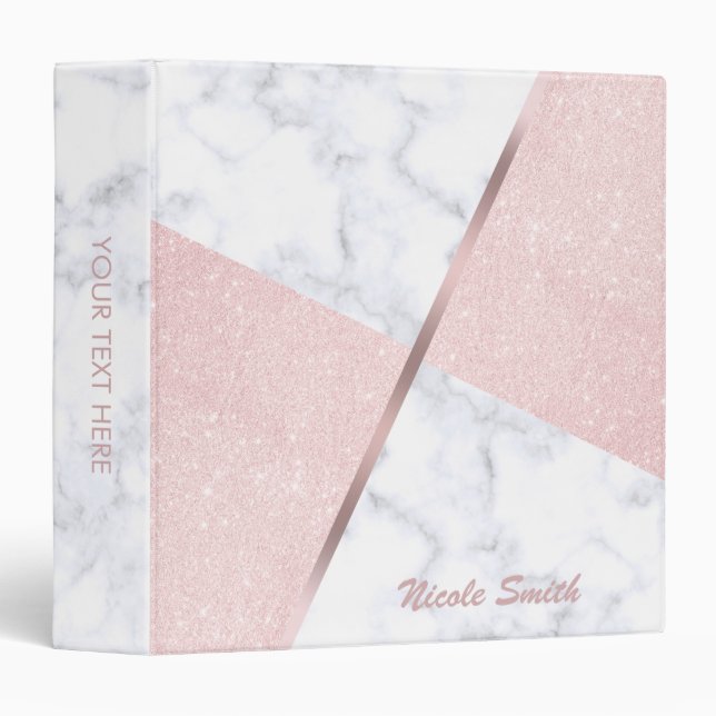 Elegant girly rose gold glitter & white marble binder (Front/Spine)