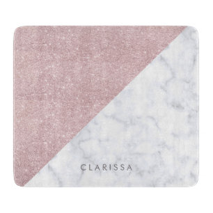 Elegant girly rose gold glitter white marble cutting board