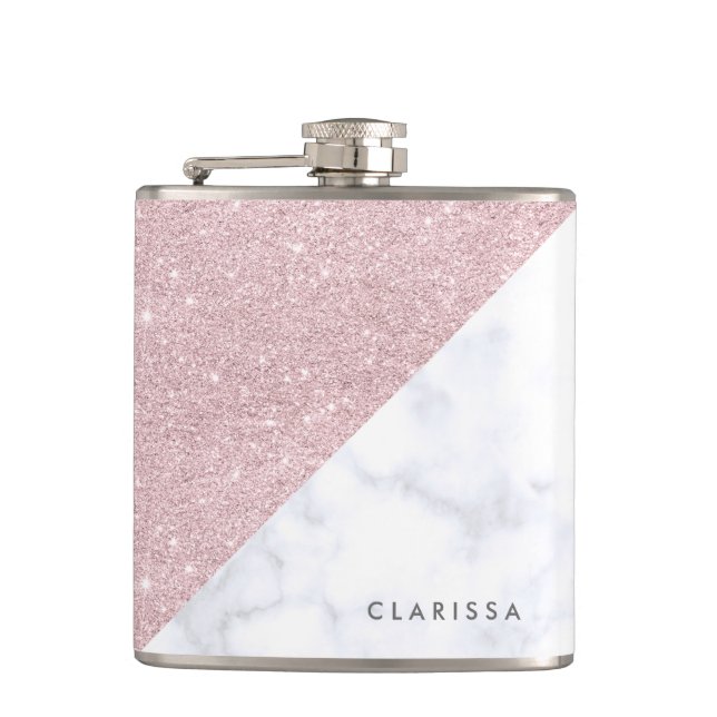 elegant girly rose gold glitter white marble hip flask (Front)
