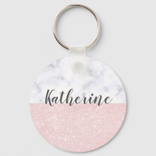 Elegant girly rose gold glitter & white marble keychain