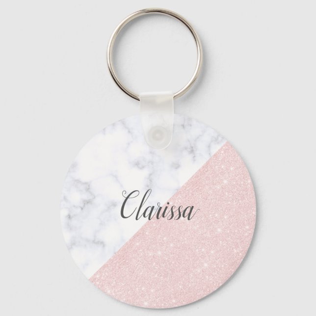 Elegant girly rose gold glitter & white marble keychain (Front)