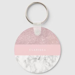 Elegant girly rose gold glitter & white marble keychain