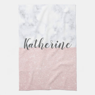 Elegant girly rose gold glitter & white marble kitchen towel