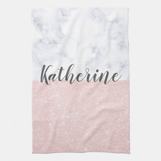 Elegant girly rose gold glitter & white marble kitchen towel (Vertical)