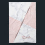Elegant girly rose gold glitter & white marble kitchen towel<br><div class="desc">Stylish combination of faux rose gold glitter & white marble colour block.</div>