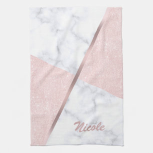 Elegant girly rose gold glitter & white marble kitchen towel