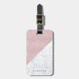 elegant girly rose gold glitter white marble luggage tag