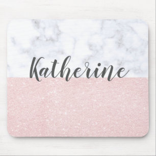 Elegant girly rose gold glitter & white marble mouse pad