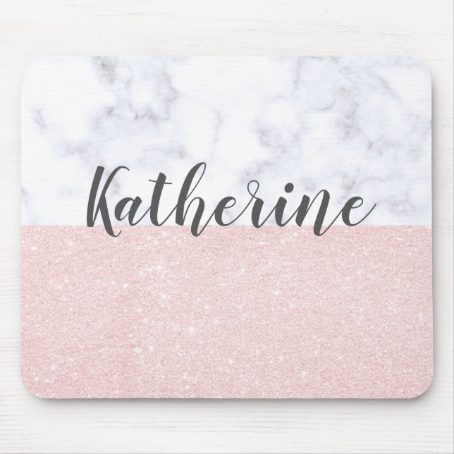 Elegant girly rose gold glitter & white marble mouse pad (Front)