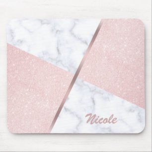 Elegant girly rose gold glitter & white marble mouse pad