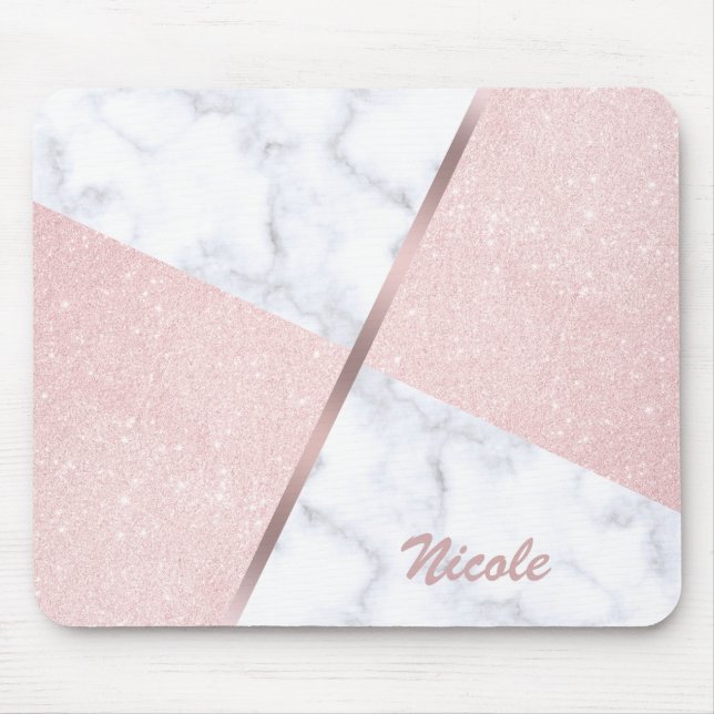 Elegant girly rose gold glitter & white marble mouse pad (Front)