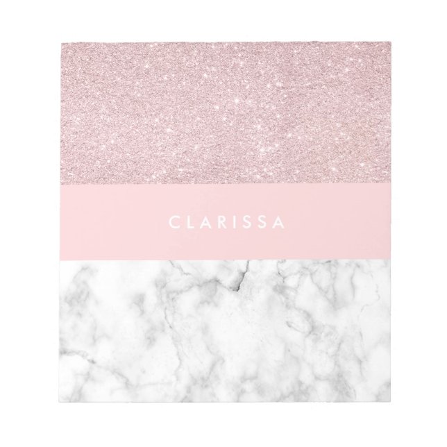 Elegant girly rose gold glitter & white marble notepad (Front)