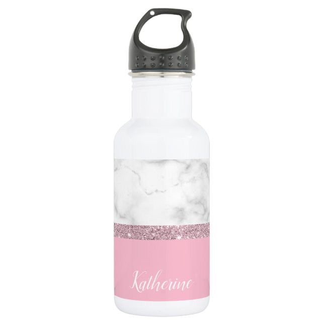 Elegant girly rose gold glitter white marble pink 532 ml water bottle (Front)