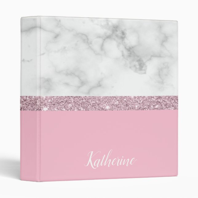 Elegant girly rose gold glitter white marble pink binder (Front/Spine)