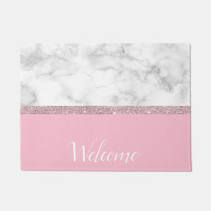Elegant girly rose gold glitter white marble pink doormat