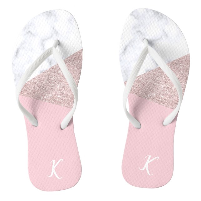Elegant girly rose gold glitter white marble pink flip flops (Footbed)