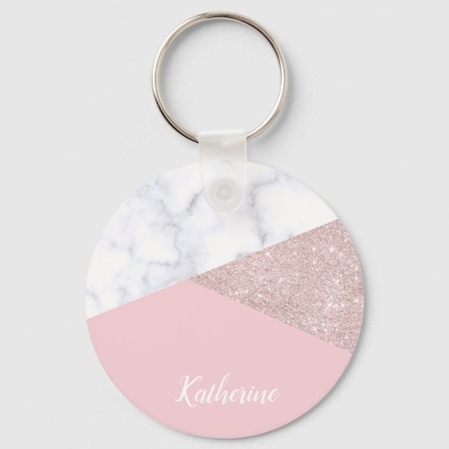 Elegant girly rose gold glitter white marble pink keychain (Front)