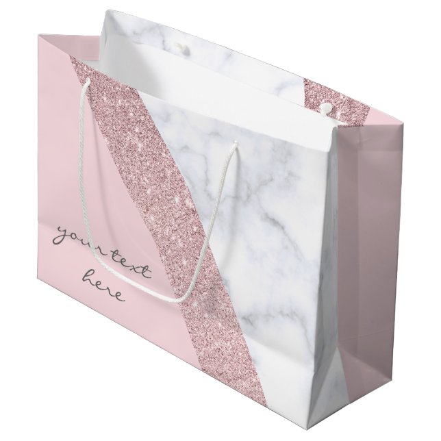elegant girly rose gold glitter white marble pink large gift bag (Front Angled)