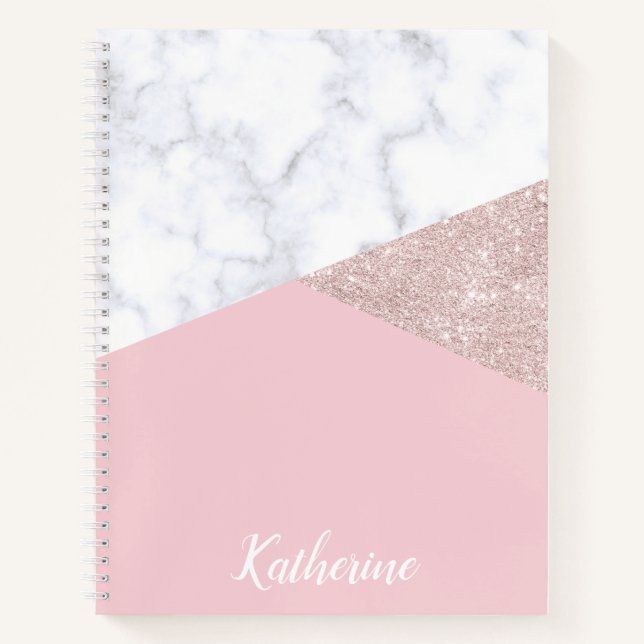 Elegant girly rose gold glitter white marble pink notebook (Front)