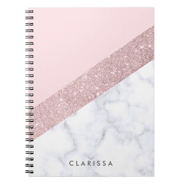 elegant girly rose gold glitter white marble pink notebook (Front)