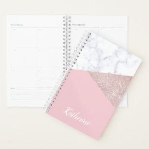 Elegant girly rose gold glitter white marble pink planner