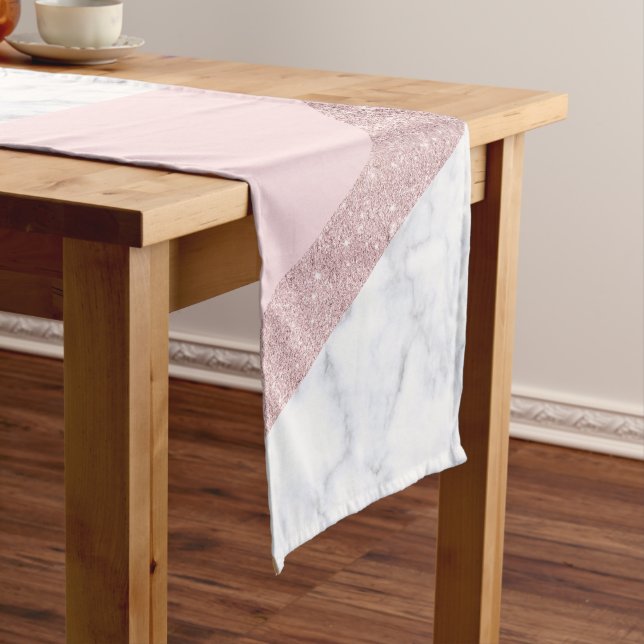 elegant girly rose gold glitter white marble pink short table runner (In Situ)