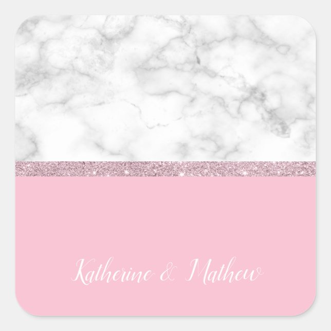 Elegant girly rose gold glitter white marble pink square sticker (Front)
