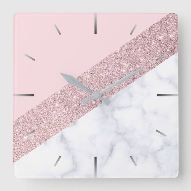 elegant girly rose gold glitter white marble pink square wall clock (Front)