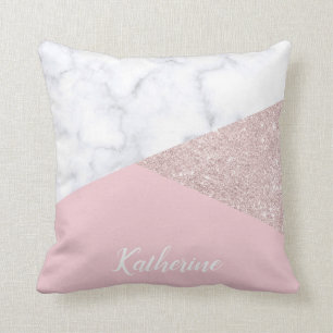 Elegant girly rose gold glitter white marble pink throw pillow