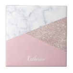 Elegant girly rose gold glitter white marble pink tile<br><div class="desc">Stylish and elegant geometric faux rose gold glitter,  white marble and pink colour block.</div>