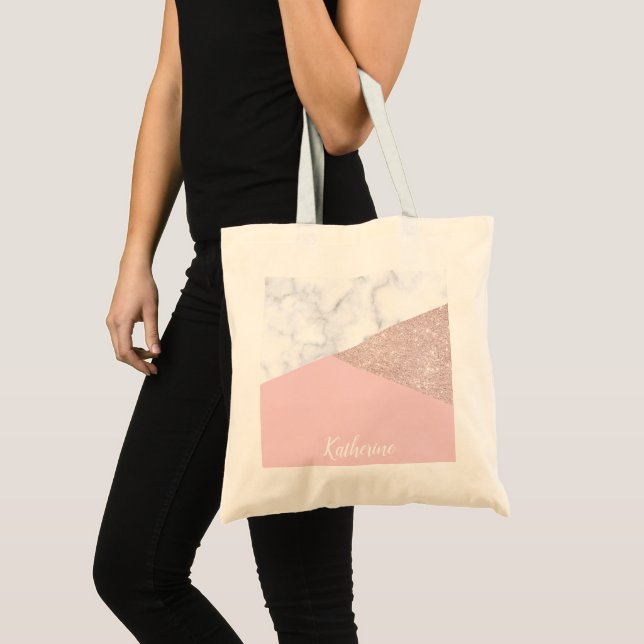 Elegant girly rose gold glitter white marble pink tote bag (Front (Product))