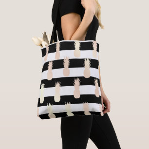 Elegant girly rose gold pineapple pattern striped tote bag