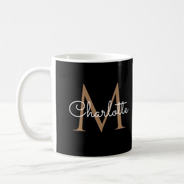 Elegant Girly Script Black Gold Monogram Coffee Mug (Left)