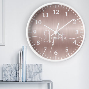 Elegant Girly Script Rose Gold Brushed Metal Large Clock