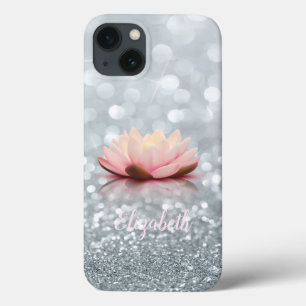 Elegant Girly Silver Glittery Bokeh Lotus  iPhone 13 Case