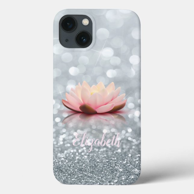 Elegant Girly Silver Glittery Bokeh Lotus  Case-Mate iPhone Case (Back)