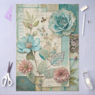 Elegant Girly Teal Cottagecore Pink Floral  Tissue Paper