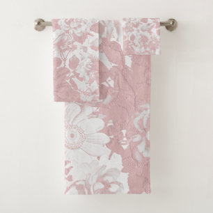 Elegant girly trendy pink coral white floral lace bath towel set
