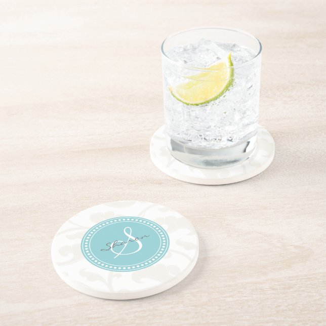 Elegant girly white floral pattern monogram coaster (Side)