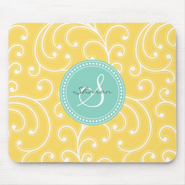 Elegant girly yellow floral pattern monogram mouse pad (Front)