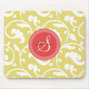 Elegant girly yellow floral pattern monogram mouse pad